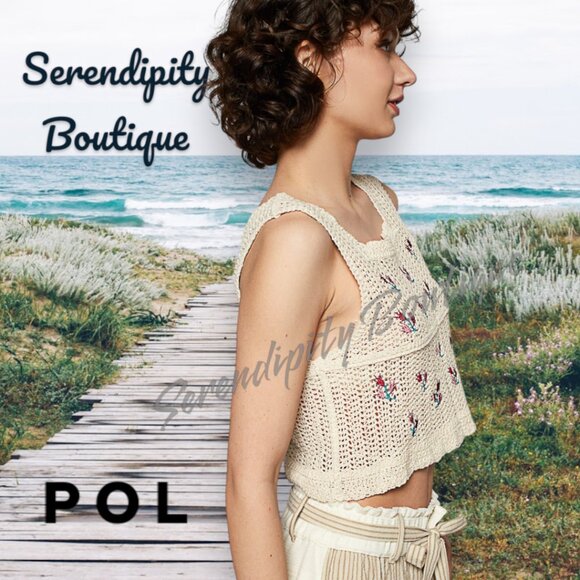 POL Natural Sand Crochet Embroidered Floral Boho Cotton Crop Tank Top - Picture 2 of 9